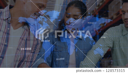 Image of financial data processing and world map over diverse workers in warehouse 128573315