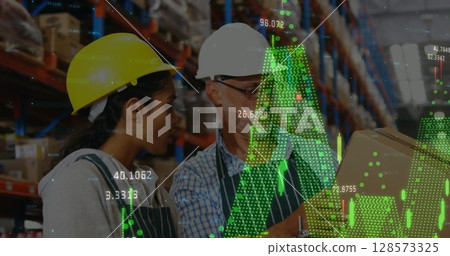 Image of financial data processing over diverse workers in warehouse Image of financial data processing over diverse workers in warehouse 128573325