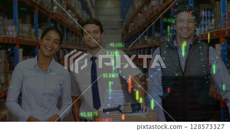 Image of financial data processing over people in warehouse 128573327