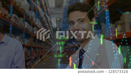 Image of financial data processing over diverse business people in warehouse 128573328
