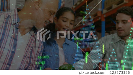 Image of financial data processing over people in warehouse 128573336