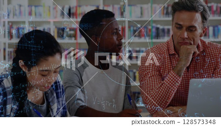 Image of mathematical equations over diverse schoolchildren with teacher in classroom 128573348