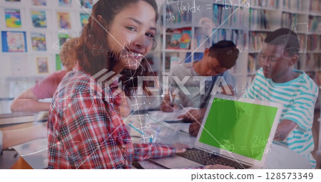 Image of mathematical equations over diverse schoolchildren in classroom Image of mathematical equations over diverse schoolchildren in classroom 128573349