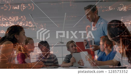 Image of mathematical formulas over students and teacher in classroom Image of mathematical formulas over students and teacher in classroom 128573352