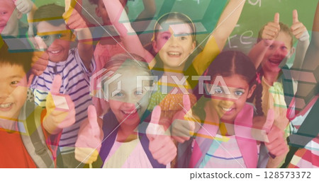 Image of books moving over happy school children giving thumbs up Image of books moving over happy school children giving thumbs up 128573372