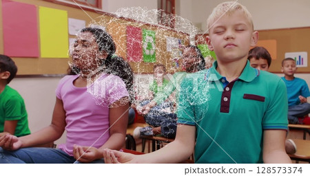 Image of network of connections over diverse schoolkids in class at school 128573374