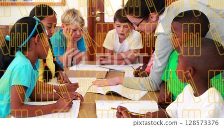 Image of falling school supplies over diverse school kids in class at school Image of falling school supplies over diverse school kids in class at school 128573376
