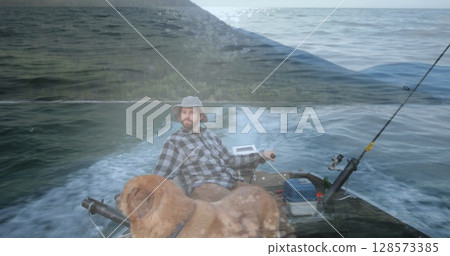 Composite image of flowing water against caucasian man riding in a boat with his dog 128573385