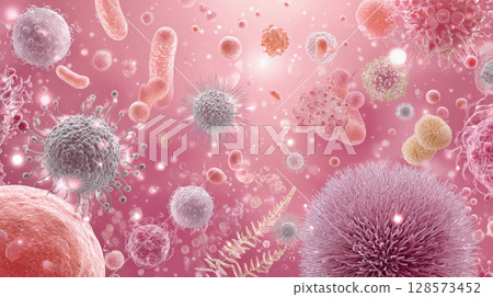 A dynamic, colorful illustration showcasing various types of bacteria, viruses, and microorganisms in a microscopic environment, perfect for representing microbiology, health, and disease 128573452