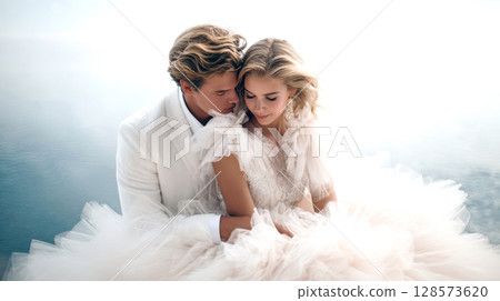 Man, woman, bridal couple, in an ethereal setting. The man, in a light suit, embraces the woman, who wears a voluminous, delicate gown. Their heads are close, conveying intimacy and affection 128573620