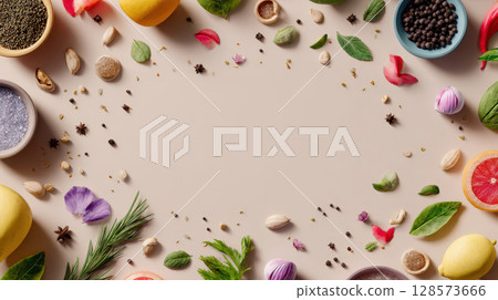 Culinary canvas, frame with a diverse array of fresh ingredients-herbs, spices, fruits, and nuts-perfect for showcasing recipes, healthy eating, or natural product promotions with ample copy space. 128573666