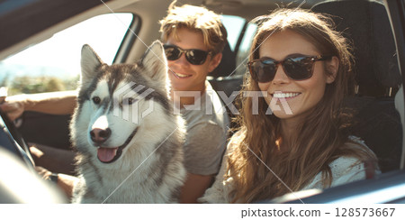 Embark on sun-drenched adventure with joyful happy couple, their loyal husky, sharing smiles, excitement on road trip, perfectly embodying spirit of travel, friendship, unforgettable memories 128573667
