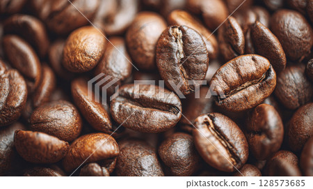Dark roasted coffee beans creates textured background. Ideal for themes related to coffee, beverages, cafes, breakfast, energy, natural organic products, highlighting rich aroma, robust flavor. 128573685