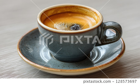 A close-up shot of a dark, robust espresso, crowned with a beautiful golden crema, served in an elegant ceramic cup on a matching saucer. Concept of coffee culture, morning rituals, gourmet beverages 128573697