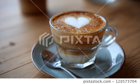 A beautifully crafted latte in a clear glass, showcasing distinct layers and topped with delicate heart-shaped foam art. Resting on a saucer with a spoon, evoking a cozy cafe atmosphere 128573704