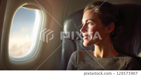 A woman enjoys a peaceful moment on an airplane, looking out the window as the golden light of sunset fills the cabin, embodying the comfort and anticipation of modern air travel 128573907