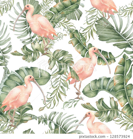 Seamless tropical watercolor pattern isolated on white. Pink ibis in lush palm fronds and leaves in soft tones hand painted. Exotic birds and foliage repeated jungle background for wallpaper, textile. Seamless tropical watercolor pattern isolated on white. Pink ibis in lush palm fronds and leaves in soft tones hand painted. Exotic birds and foliage repeated jungle background for wallpaper, textile. 128573924