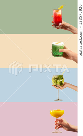 Collage of hands holding cocktails on soft color stripes Collage of hands holding cocktails on soft color stripes 128573926
