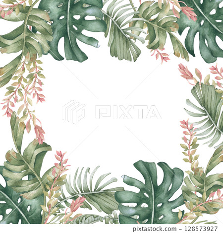 Watercolor frame of tropical foliage isolated on white. Monstera, palm fronds, jungle plants on border hand drawn. Tropical leaves in pink and soft green colors for packaging, boho wedding design. 128573927