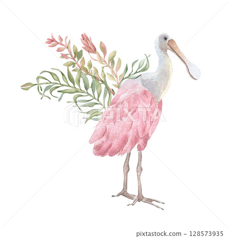 Spoonbill in tropical bush watercolor in blush pink and soft colors isolated on white. Areca palm leaves and exotic bird hand painted. Delicate tropical bouquet botanical art for wedding beach design. Spoonbill in tropical bush watercolor in blush pink and soft colors isolated on white. Areca palm leaves and exotic bird hand painted. Delicate tropical bouquet botanical art for wedding beach design. 128573935