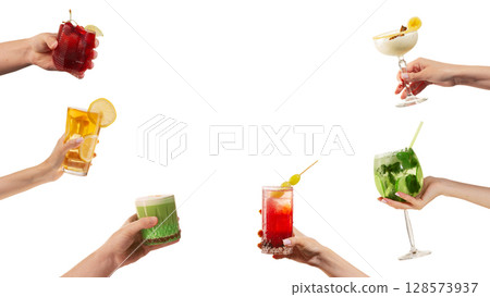 Collage of summer cocktails in hands on white background with citrus and mint 128573937