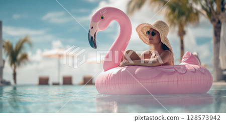 A woman enjoys a luxurious tropical vacation, lounging on a pink flamingo inflatable in an infinity pool, with a breathtaking view of the sparkling blue ocean and a white sand beach beyond A woman enjoys a luxurious tropical vacation, lounging on a pink flamingo inflatable in an infinity pool, with a breathtaking view of the sparkling blue ocean and a white sand beach beyond 128573942