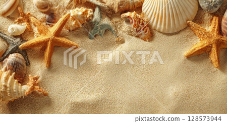 A beautiful arrangement of assorted seashells and starfish artfully scattered on a bed of clean, yellow sand, creating a serene and natural background ideal for summer and beach-themed designs 128573944
