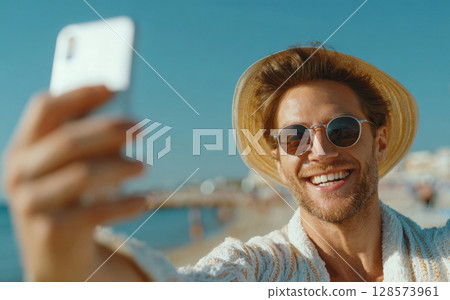 A stylish man in a straw hat and sunglasses smiles broadly, taking a selfie on a sunny beach, showcasing a happy, relaxed, and carefree vacation lifestyle. Perfect for travel and summer themes 128573961