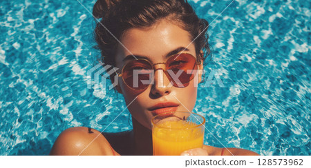 A beautiful woman in stylish swimwear and sunglasses relaxes by a vibrant blue swimming pool, holding a refreshing cocktail, embodying luxury, leisure, and a perfect summer day 128573962
