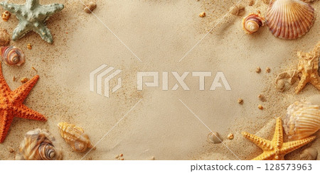 A beautiful arrangement of assorted seashells and starfish artfully scattered on a bed of clean, yellow sand, creating a serene and natural background ideal for summer and beach-themed designs A beautiful arrangement of assorted seashells and starfish artfully scattered on a bed of clean, yellow sand, creating a serene and natural background ideal for summer and beach-themed designs 128573963