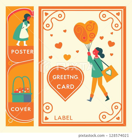 vector illustration of a woman, girl and man with a gift box. 128574021