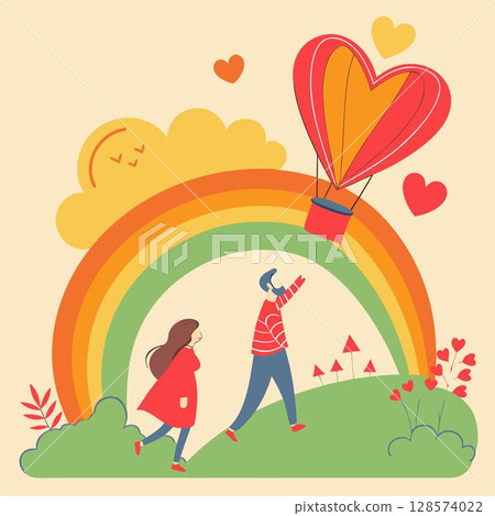 vector illustration of a woman, girl and man with a gift box. 128574022