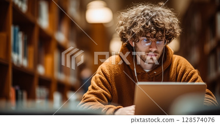 Young Man Focused on Studying While Listening to Music in a Library With Wooden Shelves and Ambient Lighting 128574076