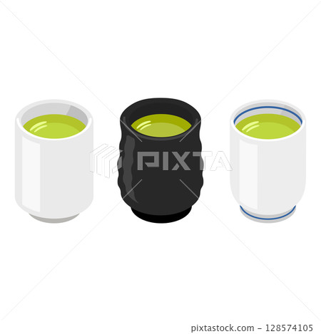 Japanese style teacup 3-piece set (with white, black and blue lines) flat isometric illustration 128574105