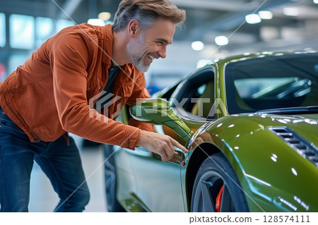 Man Admiring a Sleek Green Sports Car in a Modern Showroom With Bright Lighting 128574111