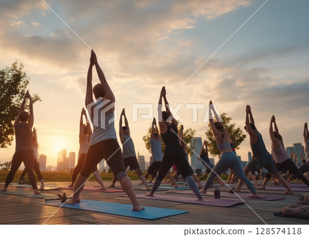 Group Yoga Practice During Sunset in a City Park With Skyline View 128574118