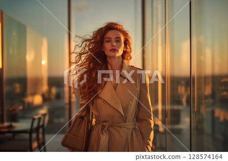 Woman With Wavy Hair Wearing a Trench Coat Walks Confidently in a Modern High-Rise During Sunset 128574164