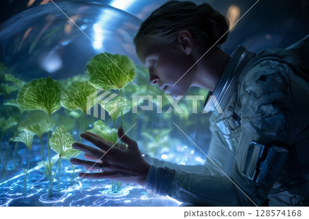 Astronaut Tending to Hydroponic Lettuce Inside a Space Station During a Growing Experiment 128574168