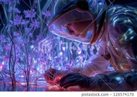 Exploration of Bioluminescent Flora by Astronaut in an Otherworldly Landscape at Night 128574170