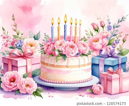 Watercolor happy birthday celebration with sweet cake, candles, and gift box decoration Watercolor happy birthday celebration with sweet cake, candles, and gift box decoration 128574173