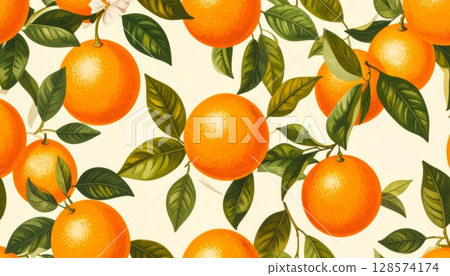 Seamless pattern of fresh, ripe oranges and tangerines with green leaves, a healthy citrus fruit background 128574174