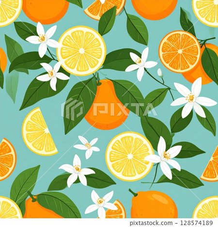 Bright tropical citrus fruit slices create a vibrant, juicy, seamless pattern Bright tropical citrus fruit slices create a vibrant, juicy, seamless pattern 128574189