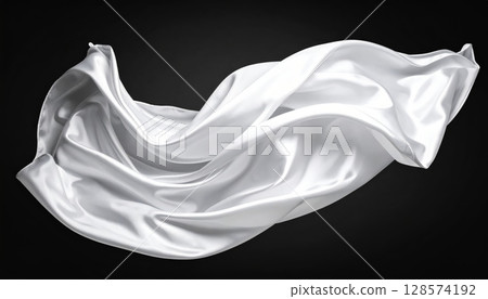 Smooth white silk and satin ribbons flow with soft curves, creating a light and airy texture against a dark background, perfect for wedding designs or elegant textile art 128574192