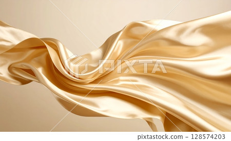 Golden silk and satin fabrics flow with smooth, soft textures, creating a luxurious and elegant background design 128574203