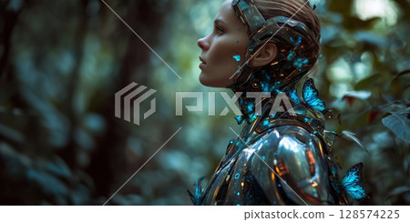 Futuristic Female Robot Surrounded by Butterflies in a Lush Forest Environment Captured During Twilight 128574225