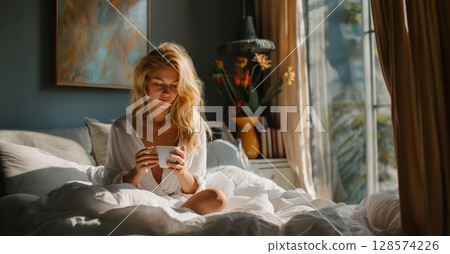Morning Coffee Moment in a Cozy Bedroom With Warm Sunlight Streaming Through the Window 128574226
