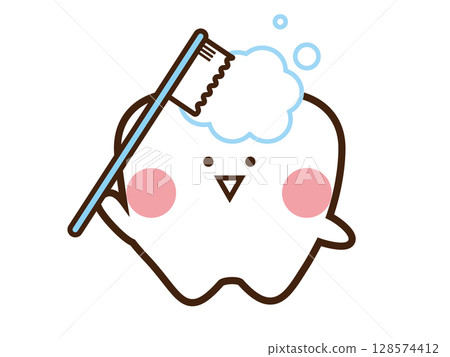 一個可愛的牙齒吉祥物角色正在刷牙 128574412