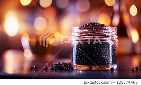 Black Caviar in Glass Jar with Silver Spoon 128574468