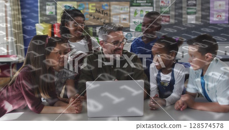 Image of data processing over diverse teacher and school kids 128574578