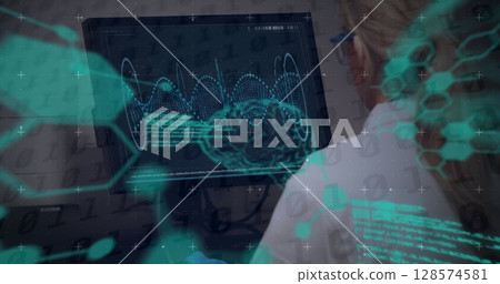 Image of digital interface with brain over caucasian woman using computer 128574581
